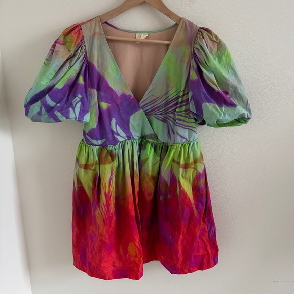 Plenty by Tracy Reese Puff-Sleeve Surplice Watercolor Tie Dye Dress M Anthro - Picture 4 of 12